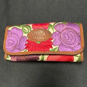 Oaxaca embroidered wallet, genuine leather trim